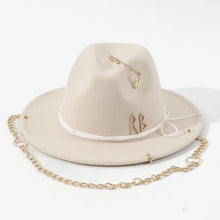 Load image into Gallery viewer, Russian Style Fedora Hat with Pearl Chain Metal Shells Felt Cowboy Hat for Autumn Winter Women Fashion Womens Wide Brim Hat
