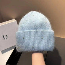 Load image into Gallery viewer, 1PC New Winter Rhinestone min Knitted Hat Fashionable And Warm Rabbit Fur Ear Protection Hat Double Folded Hat
