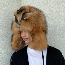Load image into Gallery viewer, Man Real Raccoon Fur Hat Thicken Winter Warm hat with earflaps Ushanka Outdoor Russian hat Cap Female Natural Fur Bomber Hats
