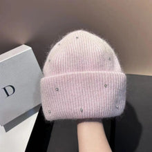 Load image into Gallery viewer, 1PC New Winter Rhinestone min Knitted Hat Fashionable And Warm Rabbit Fur Ear Protection Hat Double Folded Hat
