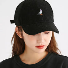 Load image into Gallery viewer, Corduroy baseball cap for men and women in autumn and winter, warm and embroidered pigeon pattern for daily leisure gatherings
