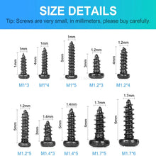 Load image into Gallery viewer, 500/1000pcs/set M1 M1.2 M1.4 M1.7 Mix Pa Phillips Head Micro Screws Round Head Self-tapping Electronic Small Wood Screws Kit

