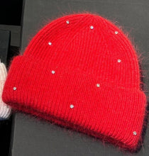 Load image into Gallery viewer, 1PC New Winter Rhinestone min Knitted Hat Fashionable And Warm Rabbit Fur Ear Protection Hat Double Folded Hat
