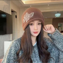 Load image into Gallery viewer, Fashion Butterfly Pattern Knitted Woolen Hat Thickened Windproof Cover Head Cap Keep Warm Cold-proof Drawstring Beanie Cap Women
