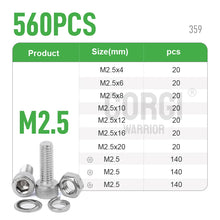 Load image into Gallery viewer, M2 M2.5 M3 M4 M5 M6 Hex Socket Head Cap Set Allen Screw Kit 126 - 1080 DIN912 304 Stainless Steel Screw Nut Bolt Assortment Set
