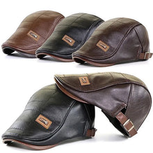 Load image into Gallery viewer, Men Fashion Retro PU Leather Beret Hats Autumn Winter Leather Beret Hat Middle-aged Men's Visor Warm Flat Peaked Cap Adjustable
