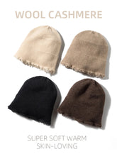 Load image into Gallery viewer, Mens Unisex Autumn Winter Cashmere 35% Cap Knit Bell Hat Broke Hem Warm Tassels Beanie Wool Rough Edge Bucket Hat Black Brown
