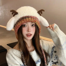 Load image into Gallery viewer, New Fur Deer Storage Hat Ear Protection Warm Knitted Deer Antler Hat Windproof Adjustable Earmuffs Hat Outdoor
