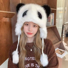 Load image into Gallery viewer, Cute Panda Women Winter Caps Windproof Plush Fur Plush Pullover Hat Winter Warm Neck Protection Kids Ear Protection Cap Outdoor
