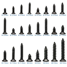Load image into Gallery viewer, 450/1200pcs Cross Flat Head Tapping Screws Kit M1.2 M1.4 M1.5 M1.7 M2 M2.3 M2.6 M3 Carbon Steel Black Phillips Screws Set
