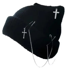 Load image into Gallery viewer, Gothic Knitted Beanie Hat Subculture Headwear Handmade Crochet Skull Hat Pin Decoration Y2K Cat Ear Hat Female Teens

