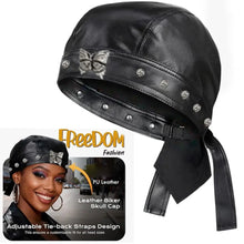 Load image into Gallery viewer, New PU Leather Black Biker Cap Adjustable Waterproof Butterfly Cap Doo Rag Bandana Cool Motorcycle Leather Hat for Women and Men
