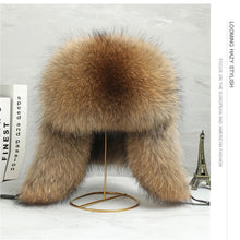 Load image into Gallery viewer, Man Real Raccoon Fur Hat Thicken Winter Warm hat with earflaps Ushanka Outdoor Russian hat Cap Female Natural Fur Bomber Hats
