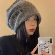 Load image into Gallery viewer, Cute Slouchy Beanie Hat Letter Big Size Warm Knit Cap Soft Face Slimming Crochet Hat For Daily Wear

