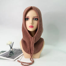 Load image into Gallery viewer, 1pc Winter Warm Knitted Balaclava Cap,Outdoor ProofHood Scarf Neck Elastic Drawstring Soft Thick Beanie Hat for Skiing in Winter
