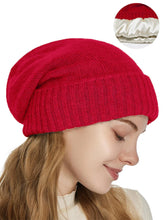 Load image into Gallery viewer, Women's Winter Hat 100% Pure Wool Knitted Satin Line 2 Layer Soft Warm Sleep Cover Beanies Elastic Fashion Slouchy SKi Cap Men
