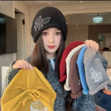 Load image into Gallery viewer, Fashion Butterfly Pattern Knitted Woolen Hat Thickened Windproof Cover Head Cap Keep Warm Cold-proof Drawstring Beanie Cap Women
