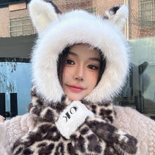 Load image into Gallery viewer, Warm Thickened Winter Scarf Hat Two-Piece Set Windproof Neck Warmer Leopard Print Integrated Scarf Hat Women
