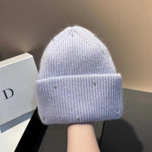 Load image into Gallery viewer, 1PC New Winter Rhinestone min Knitted Hat Fashionable And Warm Rabbit Fur Ear Protection Hat Double Folded Hat
