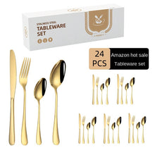Load image into Gallery viewer, 24-Piece Set Stainless Steel Knife, Fork and Spoon Tableware Set Gold-Plated Gift Box Western Dinner Set
