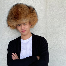 Load image into Gallery viewer, Man Real Raccoon Fur Hat Thicken Winter Warm hat with earflaps Ushanka Outdoor Russian hat Cap Female Natural Fur Bomber Hats
