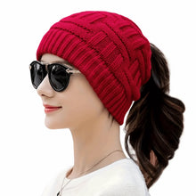 Load image into Gallery viewer, Fashion Crochet Ponytail Winter Hats Knitted Warm Knitted Cap Thicken Solid Color Skullies Ladies'
