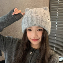 Load image into Gallery viewer, Solid Color Fleece-lined Warmth Knitted Beanies Hip Hop Cat Ear Female Beanie Caps Outdoor Anti-cold Ladies Casual Cap
