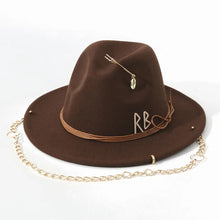 Load image into Gallery viewer, Russian Style Fedora Hat with Pearl Chain Metal Shells Felt Cowboy Hat for Autumn Winter Women Fashion Womens Wide Brim Hat

