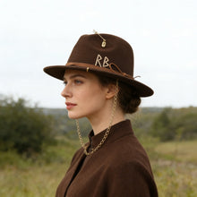 Load image into Gallery viewer, Russian Style Fedora Hat with Pearl Chain Metal Shells Felt Cowboy Hat for Autumn Winter Women Fashion Womens Wide Brim Hat
