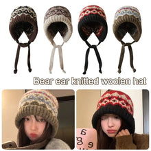 Load image into Gallery viewer, Cute With Strap Jacquard Knitting Hat Wind-Resistant Ear Protection Pullover Bonnets Warm Lace up Earmuffs Pile Cap
