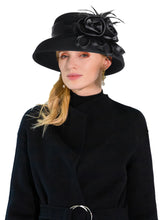 Load image into Gallery viewer, Women's Black Wool Felt Cloche Hat with Flower Feather Winter Hepburn Style Formal Church Tea Party Dress Cocktail Bucket Hats
