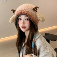 Load image into Gallery viewer, New Fur Deer Storage Hat Ear Protection Warm Knitted Deer Antler Hat Windproof Adjustable Earmuffs Hat Outdoor
