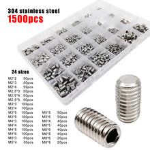 Load image into Gallery viewer, 500/1500X M2-M8 DIN913 Black Steel 304 A2 Stainless Steel Hex Hexagon Socket Allen Flat Point Set Screw Grub Bolt Assortment Kit
