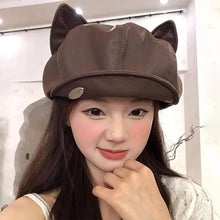Load image into Gallery viewer, New Cat Ear Newsboy Hat Solid Color Casual Beret Hat PU Leather Personalized Peaked Cap Ladies Women Girls
