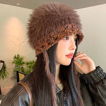 Load image into Gallery viewer, Versatile INS Style Pullover Cap Ear Protection Mixed-color Straps Bomber Hats Big Head Handmade Knitted Cap Women Girls Maiden
