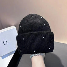Load image into Gallery viewer, 1PC New Winter Rhinestone min Knitted Hat Fashionable And Warm Rabbit Fur Ear Protection Hat Double Folded Hat
