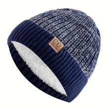 Load image into Gallery viewer, Men's sports knitted hat with CO UZZL 1978 faux leather patch - Navy blue and white striped winter hat
