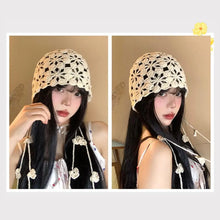 Load image into Gallery viewer, Bohemian Style Hand-knitted Hollow Flowers Hat Elegant Soft Women Hat Crochet Fringed Cute Beret Cap for Women Photography

