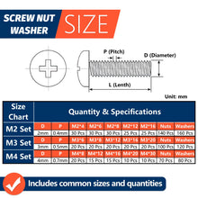 Load image into Gallery viewer, M2 M3 M4 Screws Bolts and Nuts Assortment Kit, Metric Machine Screws &amp; Flat Washers, Phillips Pan Head Sets for 3D Printer
