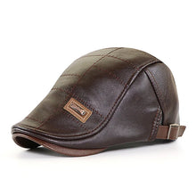 Load image into Gallery viewer, Men Fashion Retro PU Leather Beret Hats Autumn Winter Leather Beret Hat Middle-aged Men's Visor Warm Flat Peaked Cap Adjustable
