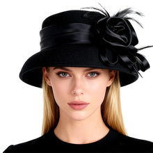 Load image into Gallery viewer, Women's Black Wool Felt Cloche Hat with Flower Feather Winter Hepburn Style Formal Church Tea Party Dress Cocktail Bucket Hats
