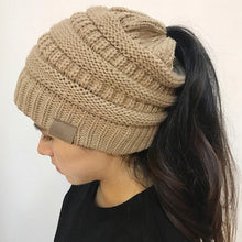 Load image into Gallery viewer, Women Winter Knitted Beanie Hat Messy Bun Ponytail Beanie Holey Warm Wool Beanie Hats
