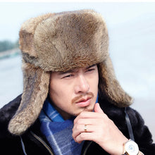 Load image into Gallery viewer, Rabbit Fur Cap Man Winter Genuine 100% Fur Bomber Hat Windproof Warm Earmuffs Male Flat Grey/Black Russian Hat Fitted Casquette
