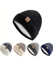 Load image into Gallery viewer, Winter Fashion Unisex Two-Tone Knitted Bean Hat Fur Lined for Warmth Casual Style
