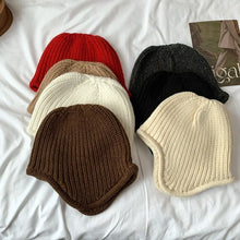 Load image into Gallery viewer, Cute Versatile Winter Knitted Hat Ear Protection Warm Earflap Hat Solid Color Coldproof Flying Cap for Women
