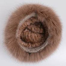 Load image into Gallery viewer, Luxury Women's Winter Hat Knitted Rabbit Fur Hats with Big Fox Fur Brim Lady Fashion Bucket Cap
