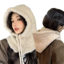 Load image into Gallery viewer, Solid Color Women Balaclava Hat and Scarf Integrated Plush Knitted Pullover Hat Winter Warmer Knitted Beanies Cold Weather
