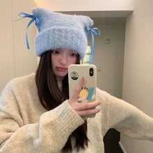 Load image into Gallery viewer, Cute Windproof Cat Ear Beanie Thickened Warm Sweet Bow Ribbon Pullover Hat Color Straps Handmade Beanie for Women Girl
