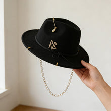 Load image into Gallery viewer, Russian Style Fedora Hat with Pearl Chain Metal Shells Felt Cowboy Hat for Autumn Winter Women Fashion Womens Wide Brim Hat
