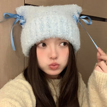 Load image into Gallery viewer, Cute Windproof Cat Ear Beanie Thickened Warm Sweet Bow Ribbon Pullover Hat Color Straps Handmade Beanie for Women Girl
